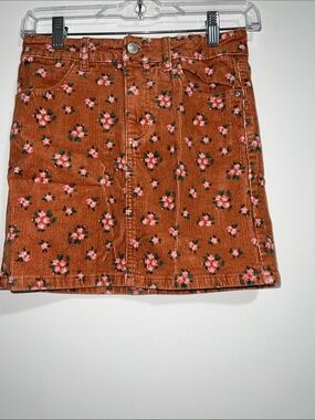 Floral Corduroy Mini Skirt - Rust with Pink Flowers